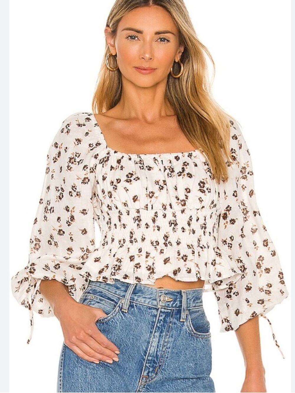 Faithfull The Brand NWTs Smocked Floral Crop Top Cream Chocolate Brown size 4